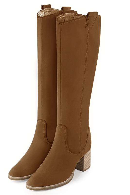 Caramel brown women's cowboy boots. Round toe. Medium block heels. Made to measure. Front view - Florence KOOIJMAN